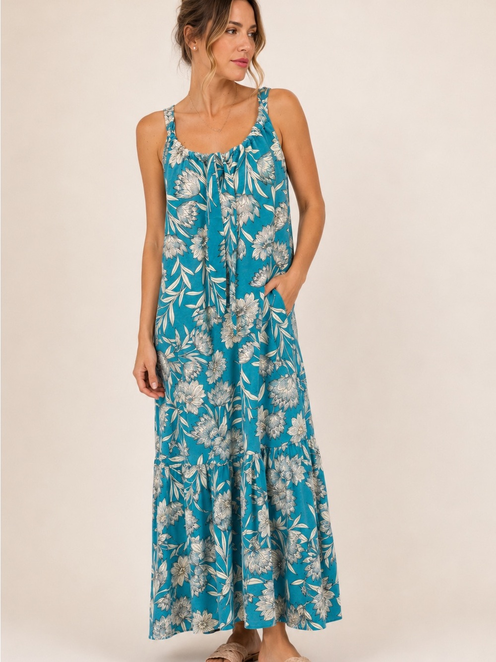 Band of the Free Teal Floral Bohemian Style Maxi Dress / Flowy Blue Maxi Dress